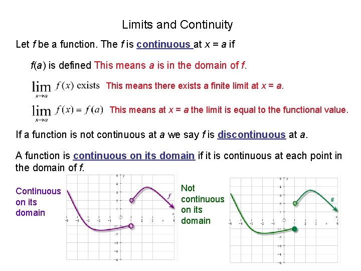 Limits and Continuity Let f be a function. The f is continuous at x