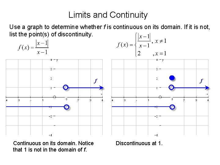 Limits and Continuity Use a graph to determine whether f is continuous on its