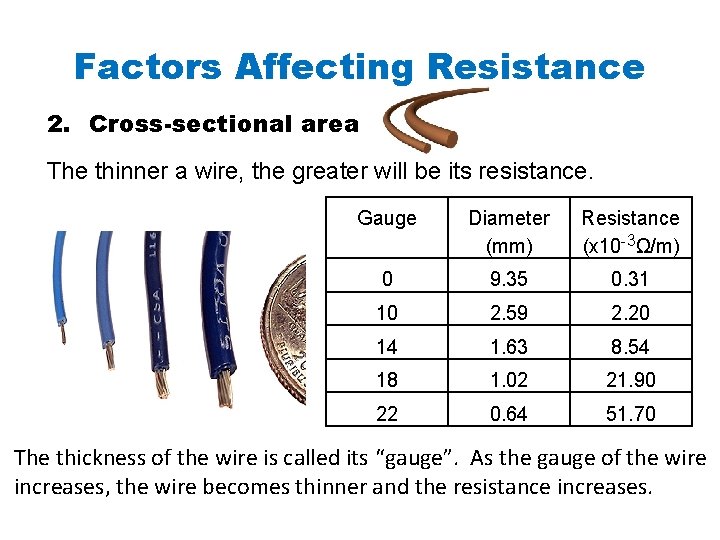 Factors Affecting Resistance 2. Cross-sectional area The thinner a wire, the greater will be