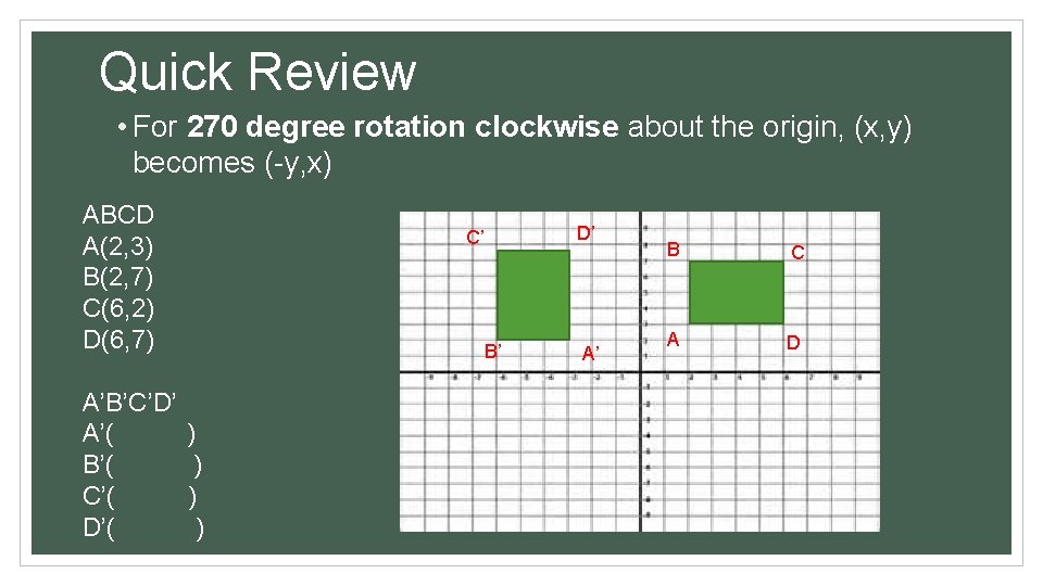 Quick Review • For 270 degree rotation clockwise about the origin, (x, y) becomes