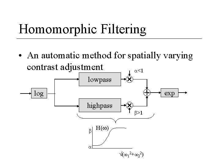 Homomorphic Filtering • An automatic method for spatially varying contrast adjustment <1 lowpass exp