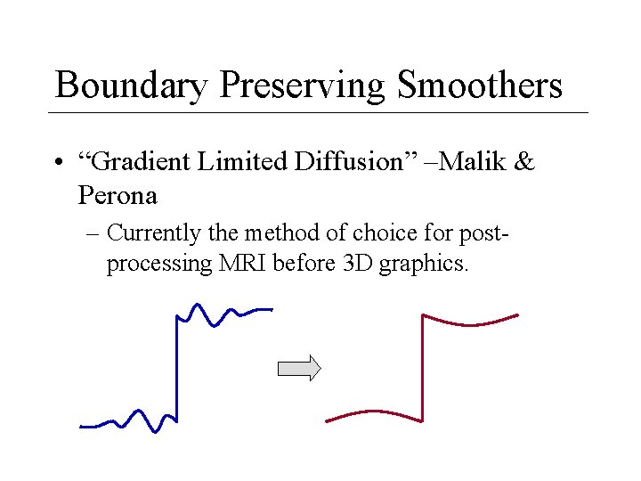 Boundary Preserving Smoothers • “Gradient Limited Diffusion” –Malik & Perona – Currently the method