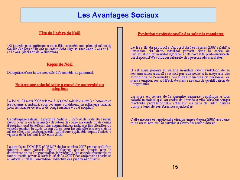 Les Avantages Sociaux Fête de l'arbre de Noël Evolution professionnelle des salariés mandatés 1/2