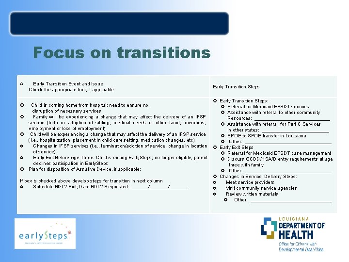 Focus on transitions A. Early Transition Event and Issue Check the appropriate box, if