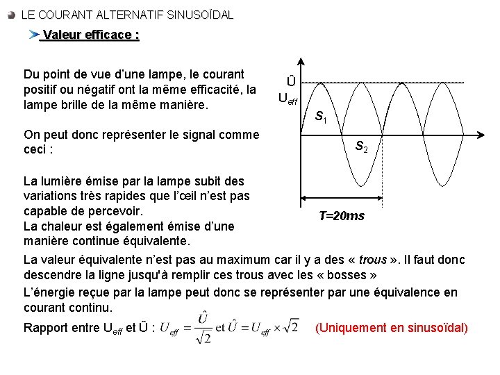 LE COURANT ALTERNATIF SINUSOÏDAL Valeur efficace : Du point de vue d’une lampe, le