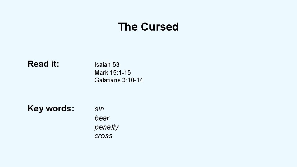 The Cursed Read it: Isaiah 53 Mark 15: 1 -15 Galatians 3: 10 -14