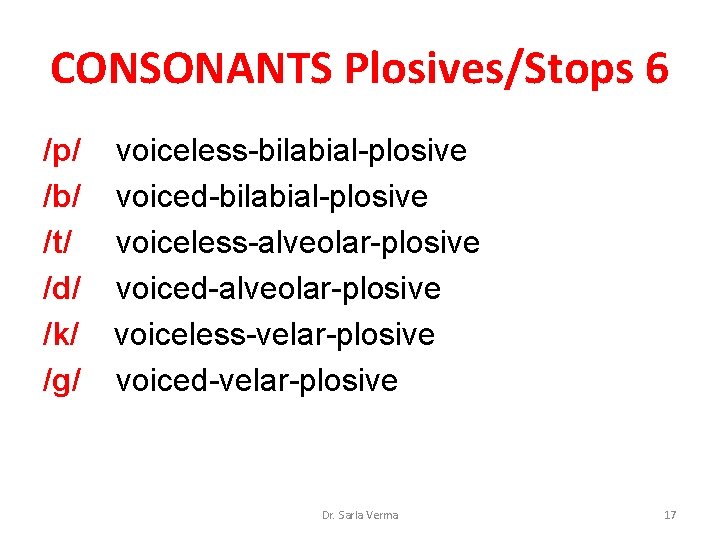 CONSONANTS Plosives/Stops 6 /p/ /b/ /t/ /d/ /k/ /g/ voiceless-bilabial-plosive voiced-bilabial-plosive voiceless-alveolar-plosive voiced-alveolar-plosive voiceless-velar-plosive CONSONANTS Plosives/Stops 6 /p/ /b/ /t/ /d/ /k/ /g/ voiceless-bilabial-plosive voiced-bilabial-plosive voiceless-alveolar-plosive voiced-alveolar-plosive voiceless-velar-plosive