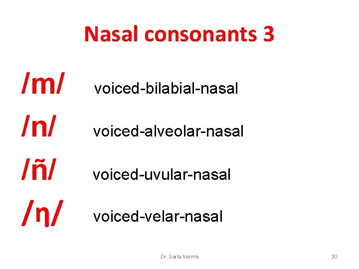 Nasal consonants 3 /m/ /n/ /ñ/ /η/ voiced-bilabial-nasal voiced-alveolar-nasal voiced-uvular-nasal voiced-velar-nasal Dr. Sarla Verma Nasal consonants 3 /m/ /n/ /ñ/ /η/ voiced-bilabial-nasal voiced-alveolar-nasal voiced-uvular-nasal voiced-velar-nasal Dr. Sarla Verma