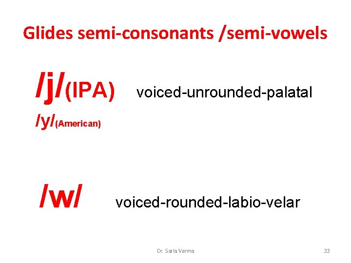 Glides semi-consonants /semi-vowels /j/(IPA) voiced-unrounded-palatal /y/(American) /w/ voiced-rounded-labio-velar Dr. Sarla Verma 22 Glides semi-consonants /semi-vowels /j/(IPA) voiced-unrounded-palatal /y/(American) /w/ voiced-rounded-labio-velar Dr. Sarla Verma 22