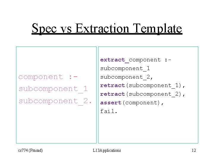 Spec vs Extraction Template component : subcomponent_1 subcomponent_2. cs 774 (Prasad) extract_component : subcomponent_1