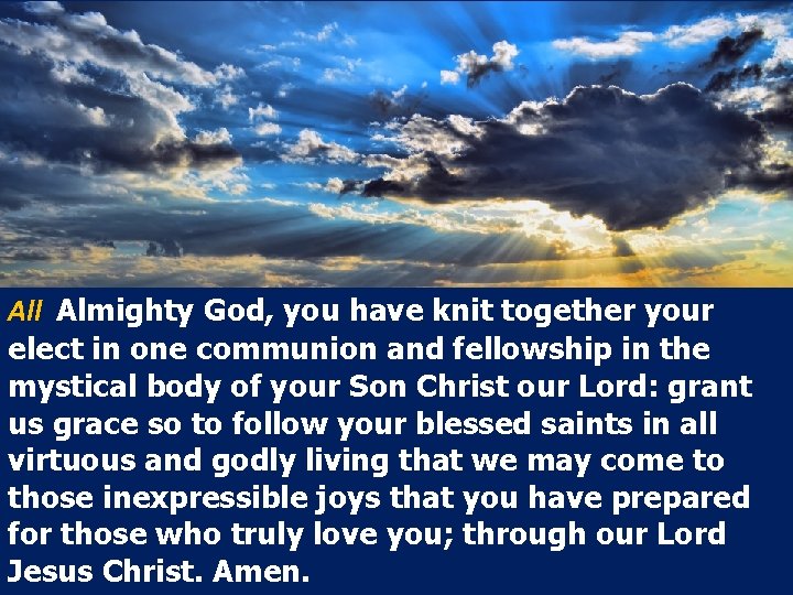 All Almighty God, you have knit together your elect in one communion and fellowship