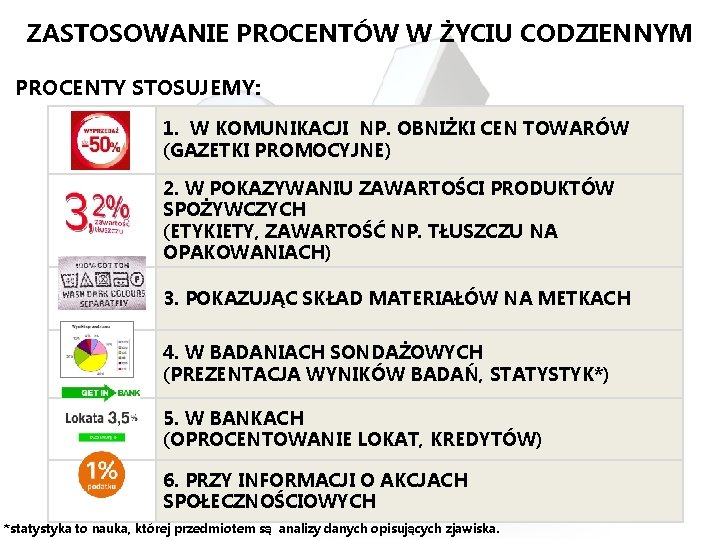 ZASTOSOWANIE PROCENTÓW W ŻYCIU CODZIENNYM PROCENTY STOSUJEMY: 1. W KOMUNIKACJI NP. OBNIŻKI CEN TOWARÓW