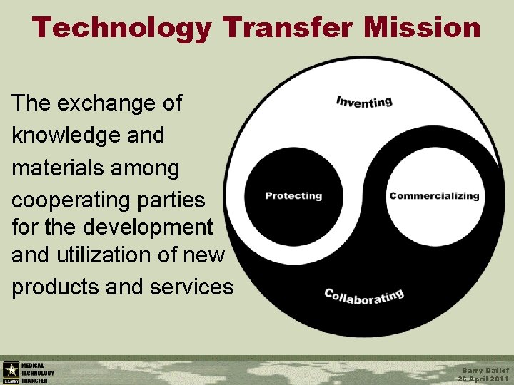 Technology Transfer Mission The exchange of knowledge and materials among cooperating parties for the