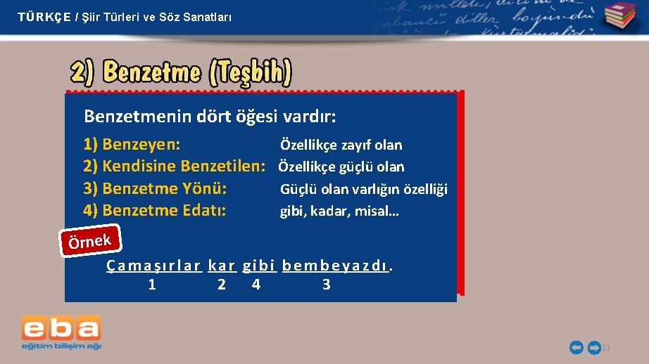 TÜRKÇE / Şiir Türleri ve Söz Sanatları Benzetmenin dört öğesi vardır: 1) Benzeyen: 2)