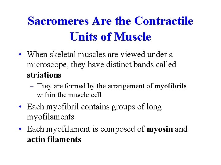 Sacromeres Are the Contractile Units of Muscle • When skeletal muscles are viewed under