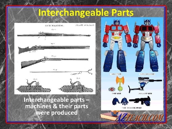 Interchangeable Parts Interchangeable parts – machines & their parts were produced 