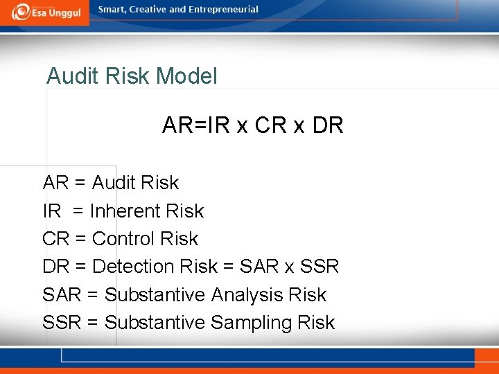 Audit Risk Model AR=IR x CR x DR AR = Audit Risk IR =
