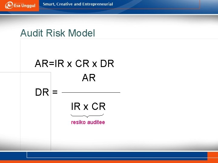 Audit Risk Model AR=IR x CR x DR AR DR = IR x CR