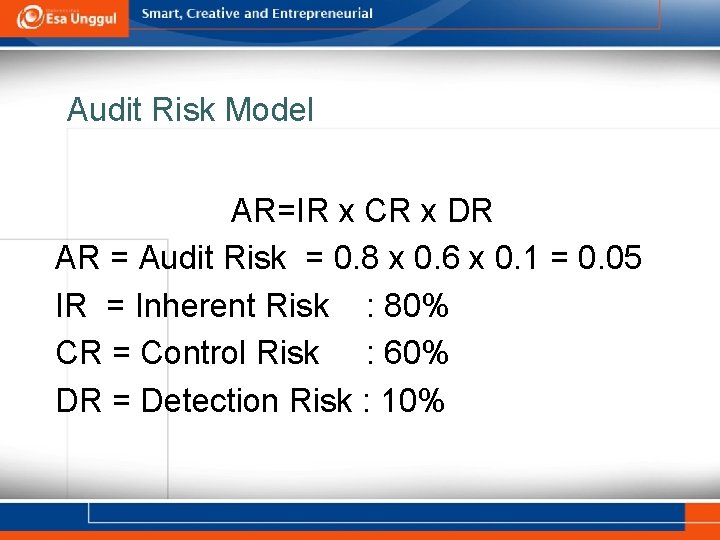 Audit Risk Model AR=IR x CR x DR AR = Audit Risk = 0.