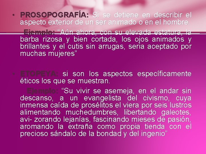  • PROSOPOGRAFÍA: Si se detiene en describir el aspecto exterior de un ser