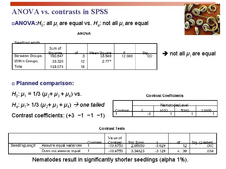 ANOVA vs. contrasts in SPSS p. ANOVA: H 0: all µi are equal vs.