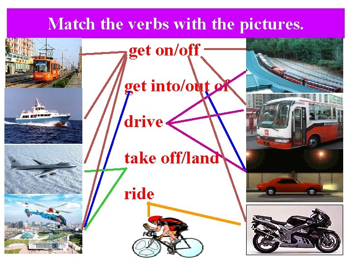 Match the verbs with the pictures. get on/off get into/out of drive take off/land