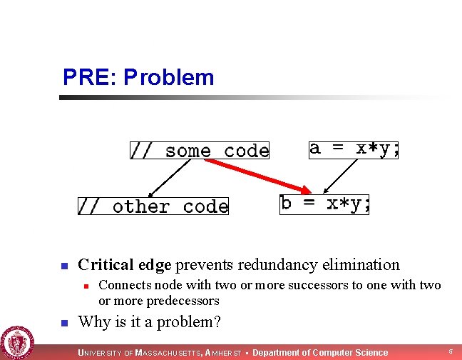 PRE: Problem n Critical edge prevents redundancy elimination n n Connects node with two