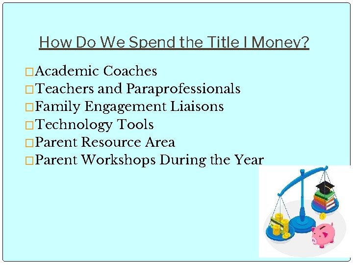 How Do We Spend the Title I Money? �Academic Coaches �Teachers and Paraprofessionals �Family