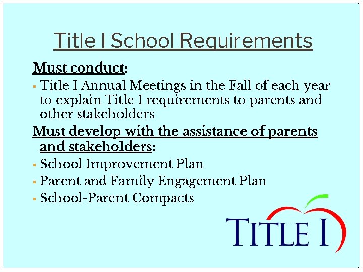 Title I School Requirements Must conduct: ▪ Title I Annual Meetings in the Fall