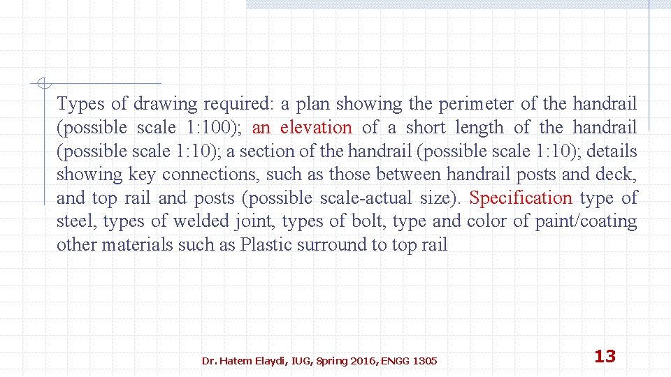 Types of drawing required: a plan showing the perimeter of the handrail (possible scale