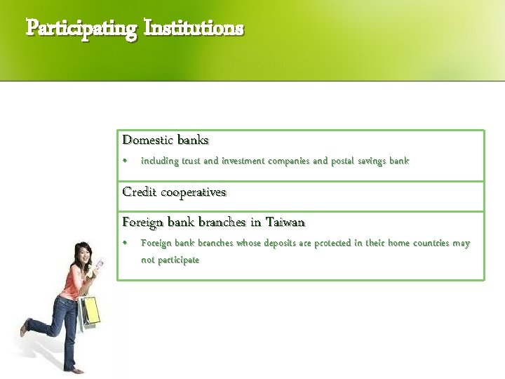 Participating Institutions Domestic banks • including trust and investment companies and postal savings bank