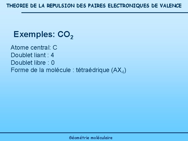 THEORIE DE LA REPULSION DES PAIRES ELECTRONIQUES DE VALENCE Exemples: CO 2 Atome central: