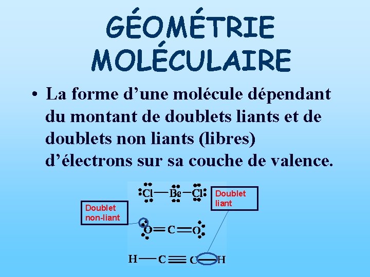 GÉOMÉTRIE MOLÉCULAIRE • La forme d’une molécule dépendant du montant de doublets liants et