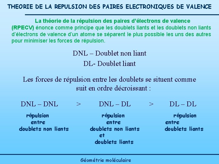 THEORIE DE LA REPULSION DES PAIRES ELECTRONIQUES DE VALENCE La théorie de la répulsion