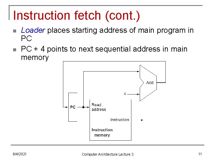 Instruction fetch (cont. ) n n Loader places starting address of main program in