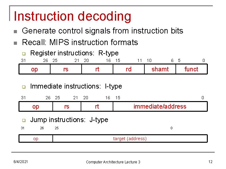 Instruction decoding n n Generate control signals from instruction bits Recall: MIPS instruction formats