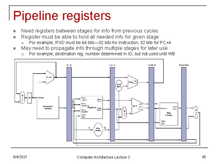 Pipeline registers n n Need registers between stages for info from previous cycles Register