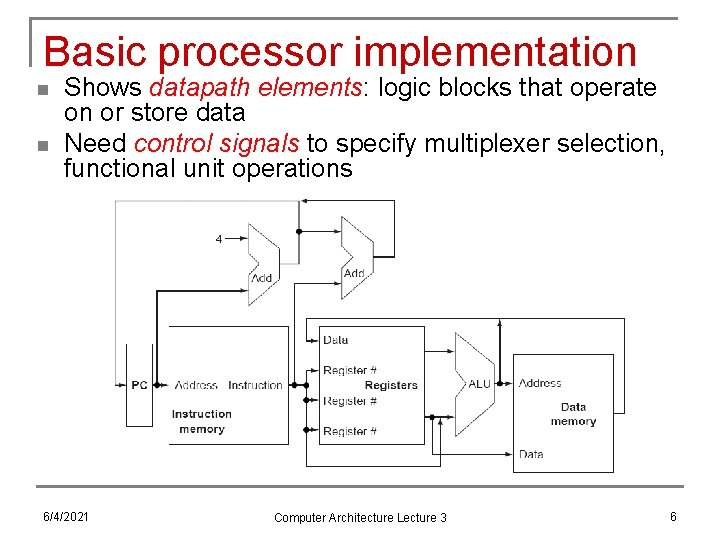 Basic processor implementation n n Shows datapath elements: logic blocks that operate on or