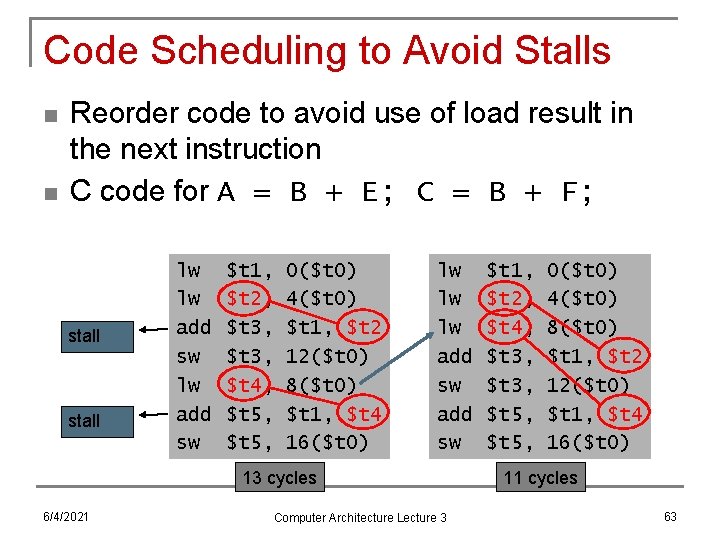 Code Scheduling to Avoid Stalls n n Reorder code to avoid use of load