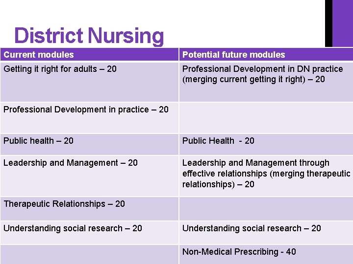 District Nursing Current modules Potential future modules Getting it right for adults – 20