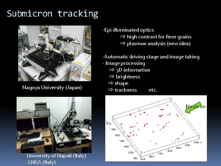 Submicron tracking -Epi-illuminated optics ⇒ high contrast for finer grains ⇒ plasmon analysis (new