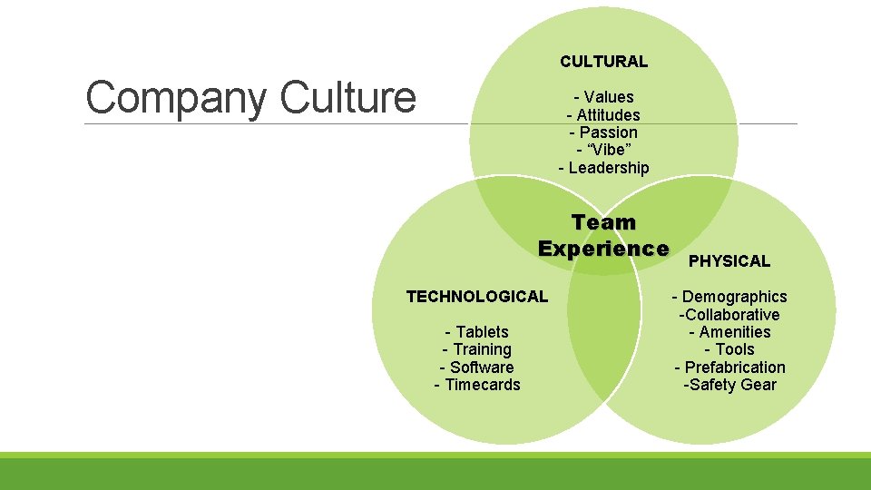 CULTURAL Company Culture - Values - Attitudes - Passion - “Vibe” - Leadership Team