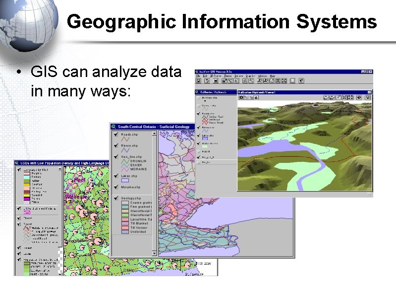 Geographic Information Systems • GIS can analyze data in many ways: 