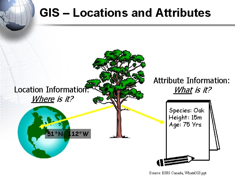 GIS – Locations and Attributes Location Information: Where is it? Attribute Information: What is