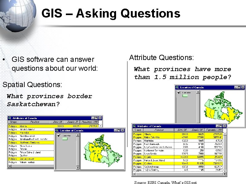 GIS – Asking Questions • GIS software can answer questions about our world: Spatial