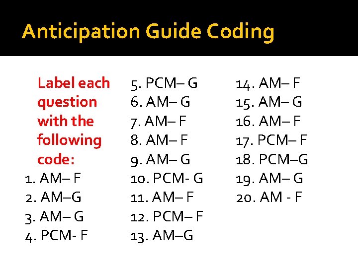 Anticipation Guide Coding Label each question with the following code: 1. AM– F 2.