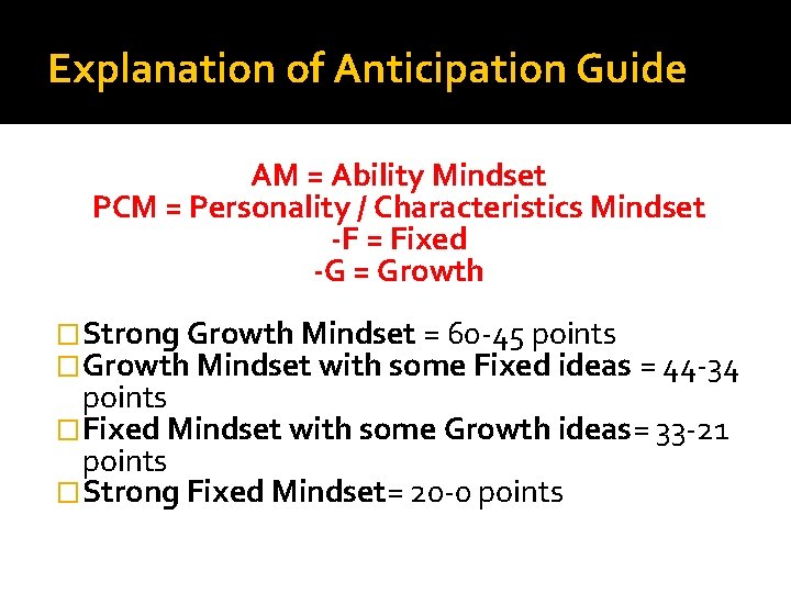 Explanation of Anticipation Guide AM = Ability Mindset PCM = Personality / Characteristics Mindset