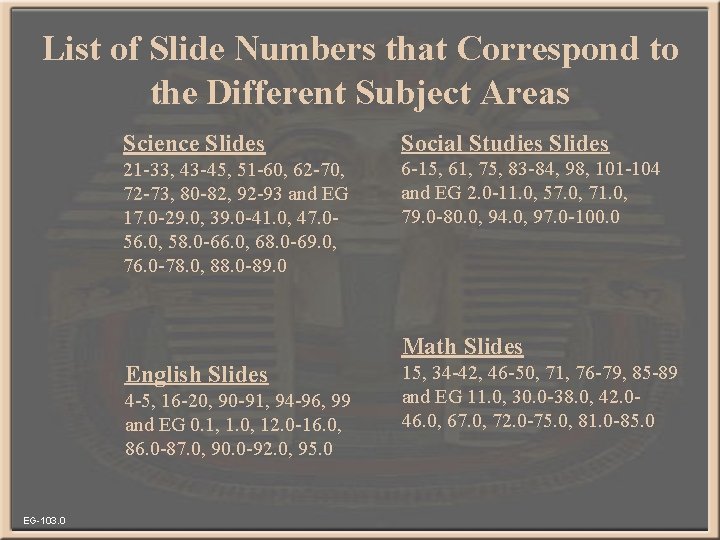 List of Slide Numbers that Correspond to the Different Subject Areas Science Slides Social