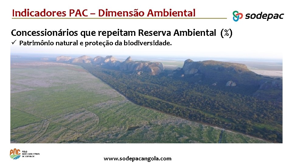 Indicadores PAC – Dimensão Ambiental Concessionários que repeitam Reserva Ambiental (%) ü Patrimônio natural