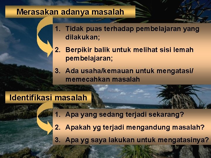 Merasakan adanya masalah 1. Tidak puas terhadap pembelajaran yang dilakukan; 2. Berpikir balik untuk